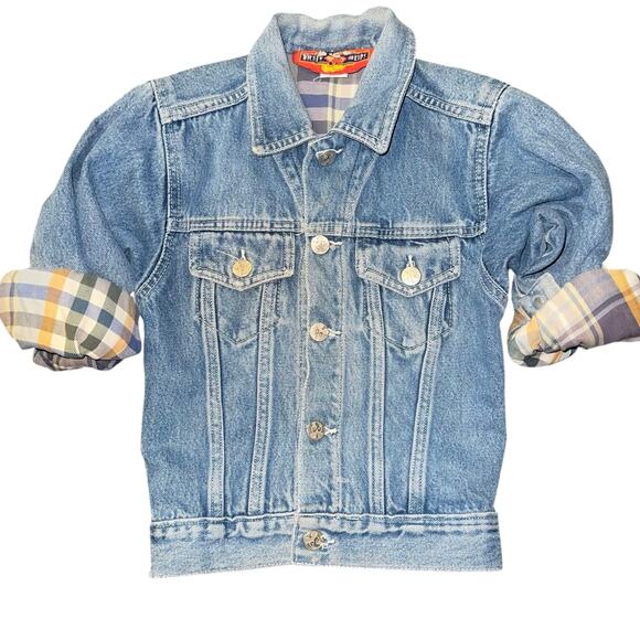 Vintage Disney Mickey For Kids Denim plaid lined embroidered trucker jacket sz 4